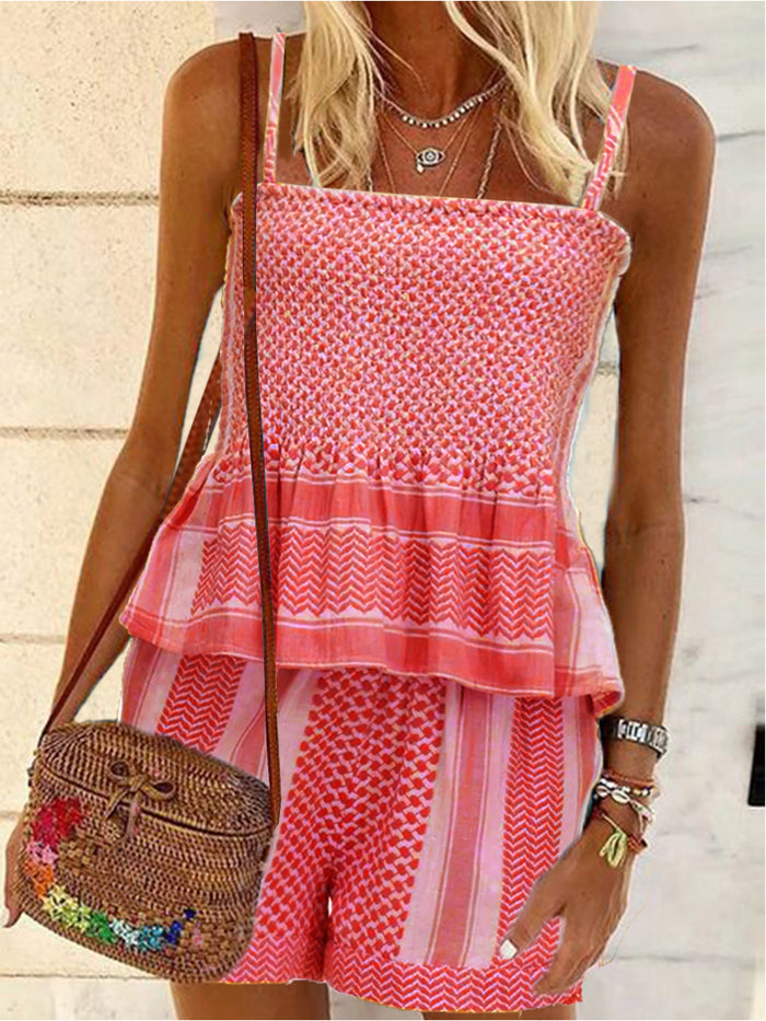 Bohemian Vintage Loose Casual Sling Tops Shorts Set