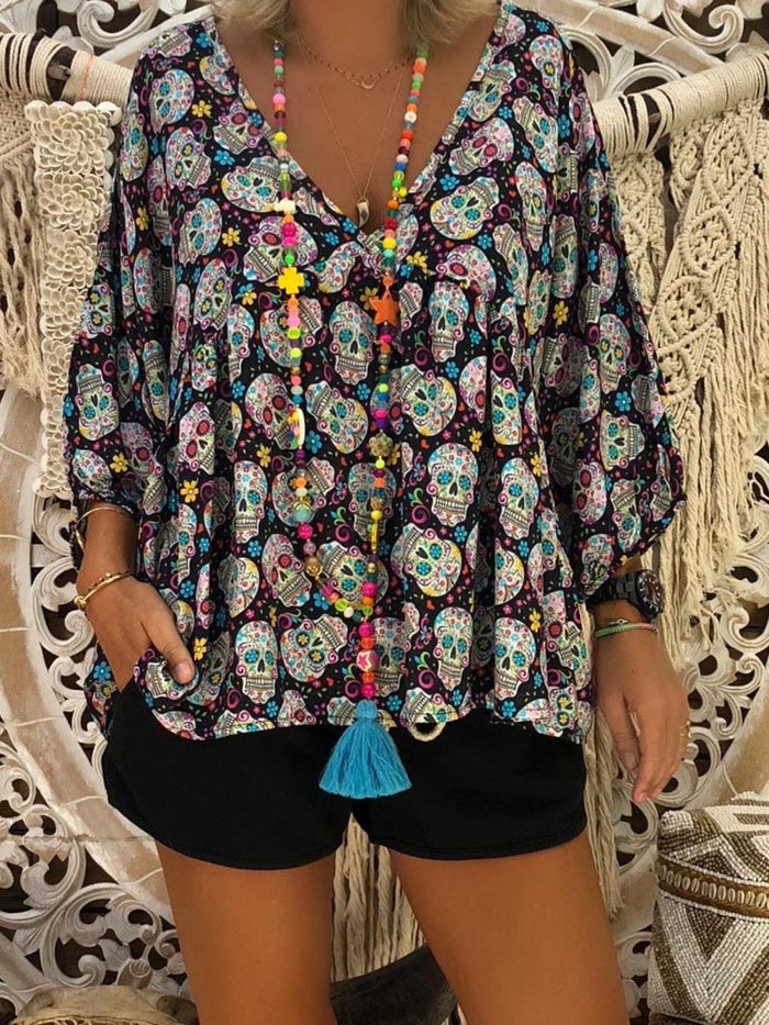 Bohemian Vintage Skull Print Top And Shorts Set