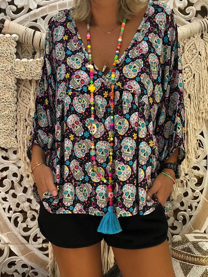 Bohemian Vintage Skull Print Top And Shorts Set