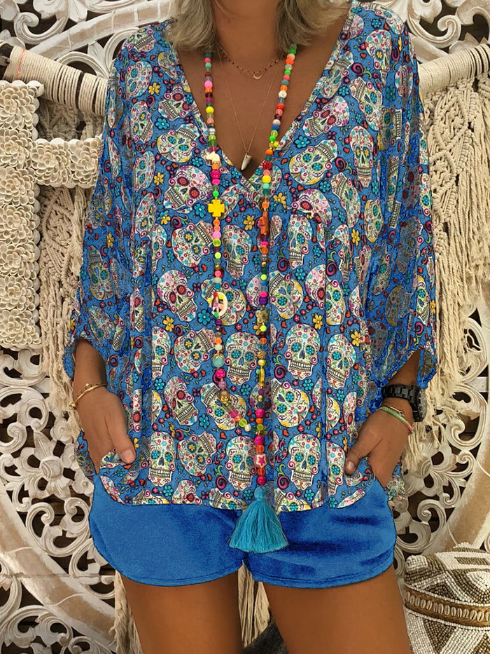 Bohemian Vintage Skull Print Top And Shorts Set