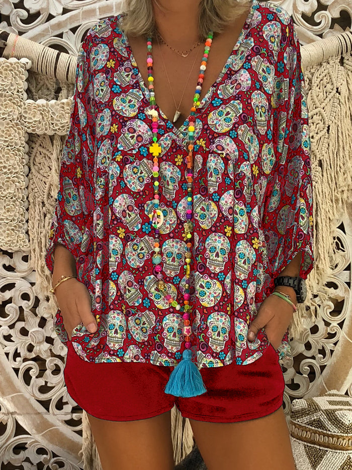 Bohemian Vintage Skull Print Top And Shorts Set