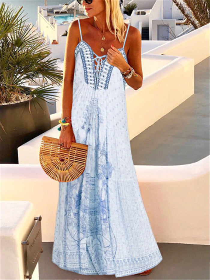 Bohemian Vintage V-Neck Loose Casual Suspender Dress
