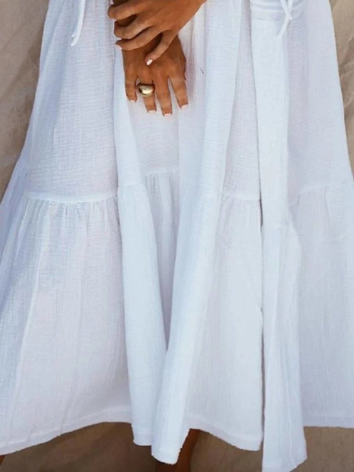 Boho Pure Color Half Sleeve Deep V-Neck Casual Dress