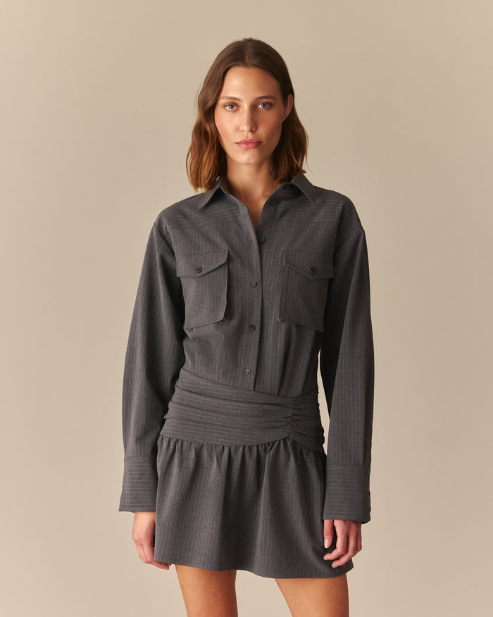 Bridget Pinstripe Button Down Dress HEATHER GRAY Heather Gray / XL