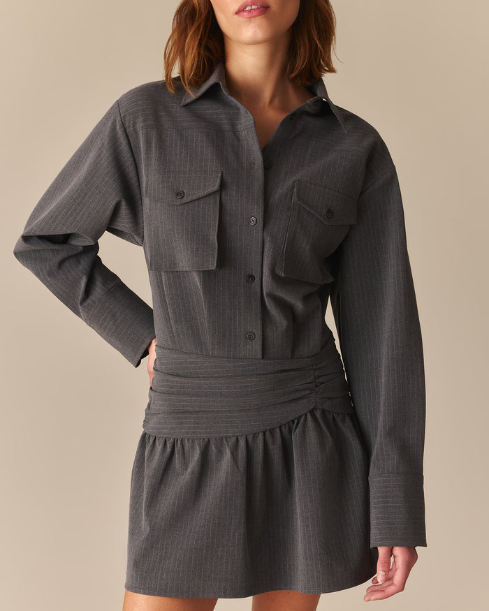 Bridget Pinstripe Button Down Dress HEATHER GRAY Heather Gray / XL