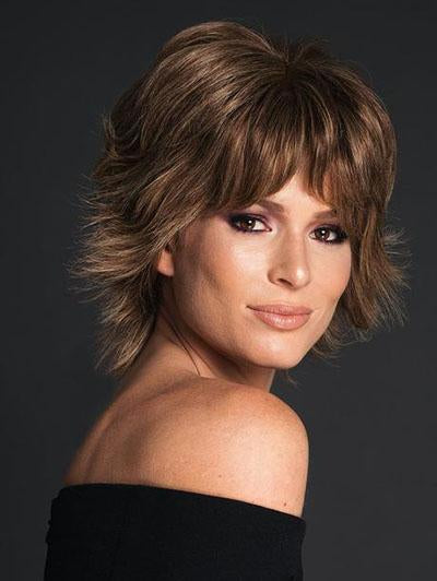 Brown Curled Outward Short Synthetic Wigs