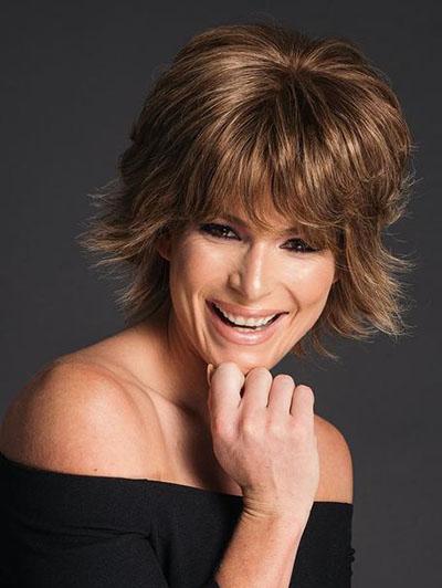Brown Curled Outward Short Synthetic Wigs