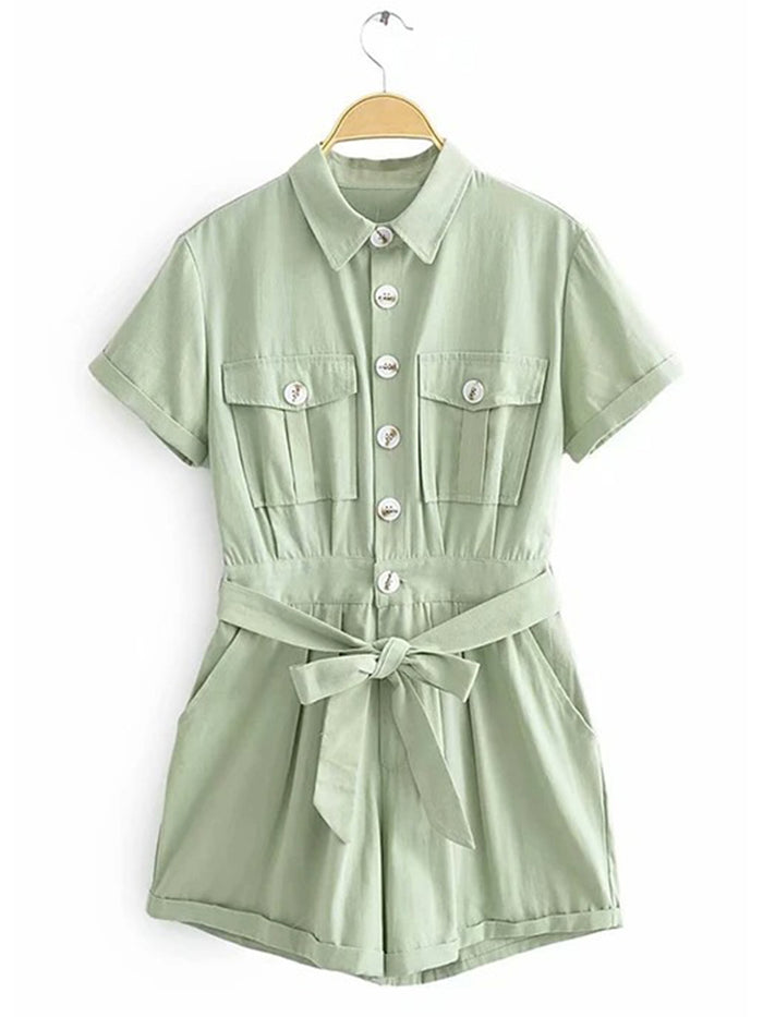Button Belted Pockets Romper