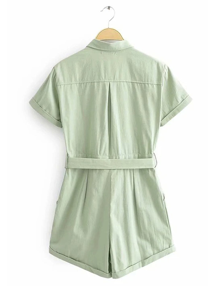 Button Belted Pockets Romper