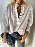 Button Collar Stringy Selvedge Puff Sleeves Casual Tops