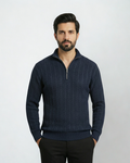 Cable Knit Zip Sweatshirt - Navy Blue