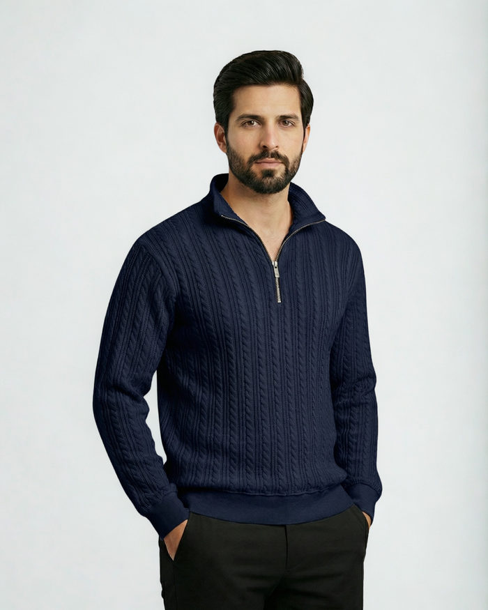 Cable Knit Zip Sweatshirt - Navy Blue