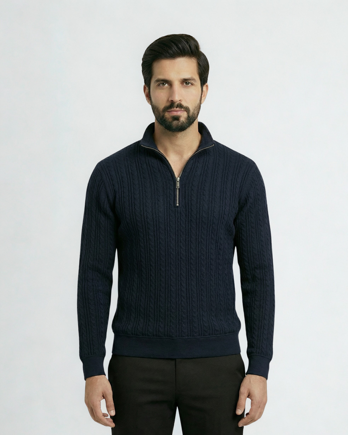 Cable Knit Zip Sweatshirt - Navy Blue