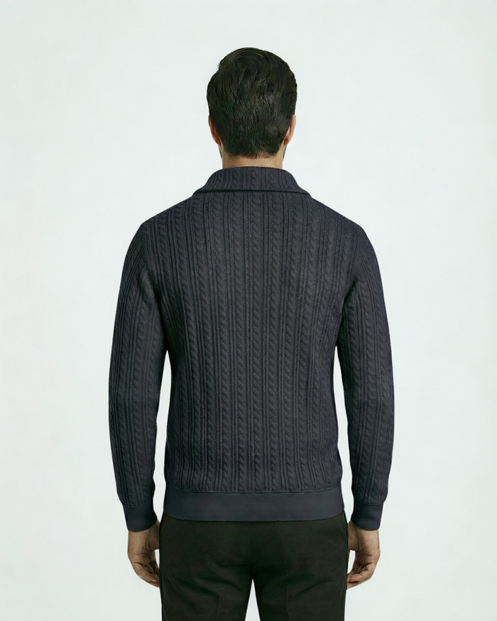Cable Knit Zip Sweatshirt - Navy Blue