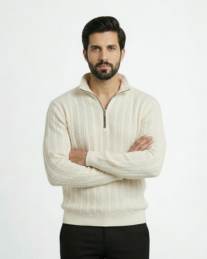 Cable Knit Zip Sweatshirt - White