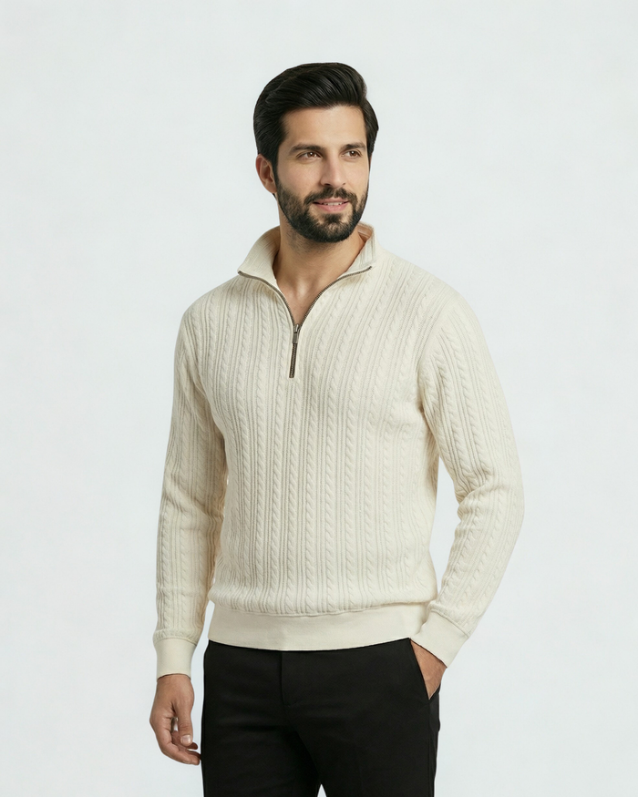 Cable Knit Zip Sweatshirt - White