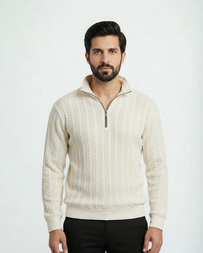 Cable Knit Zip Sweatshirt - White