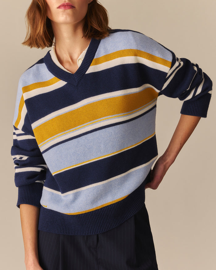 Calla Cotton Cashmere Dropped Shoulder Striped Sweater Blue Blue / XL