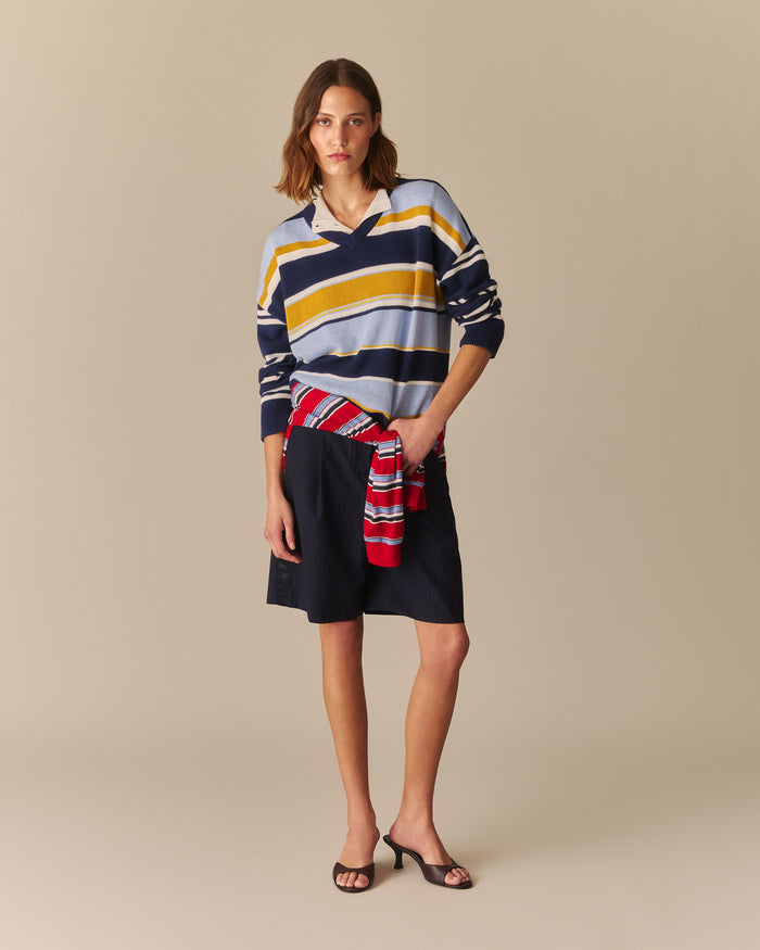 Calla Cotton Cashmere Dropped Shoulder Striped Sweater Blue Blue / XL
