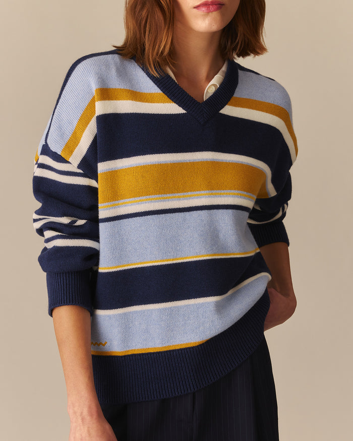 Calla Cotton Cashmere Dropped Shoulder Striped Sweater Blue Blue / XL