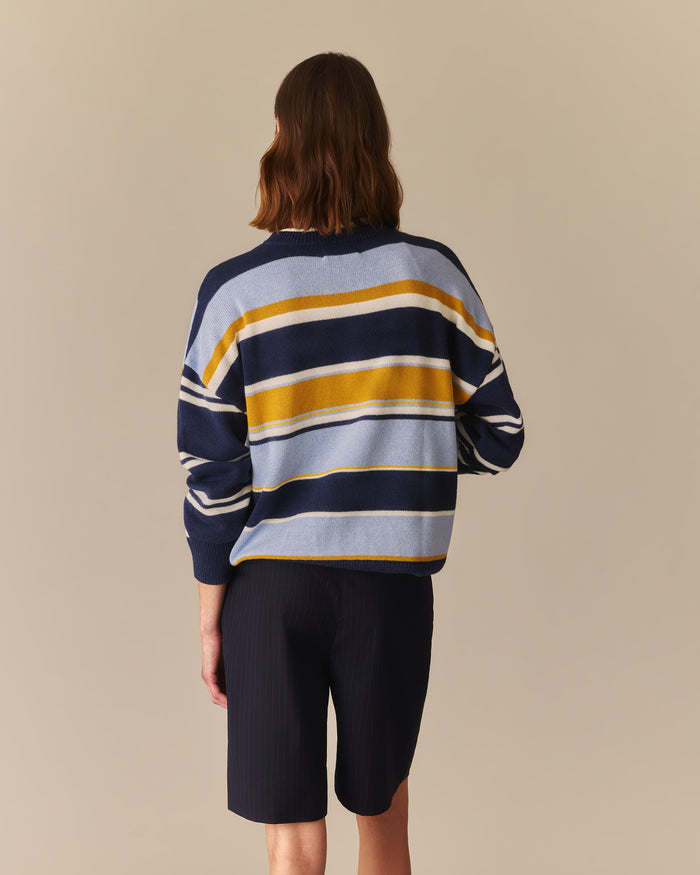 Calla Cotton Cashmere Dropped Shoulder Striped Sweater Blue Blue / XL
