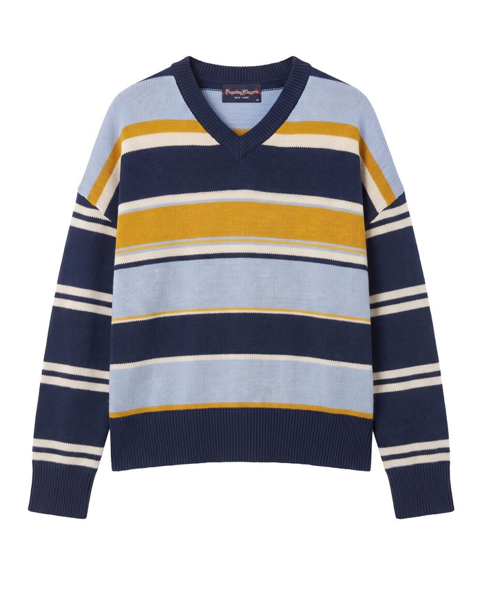 Calla Cotton Cashmere Dropped Shoulder Striped Sweater Blue Blue / XL