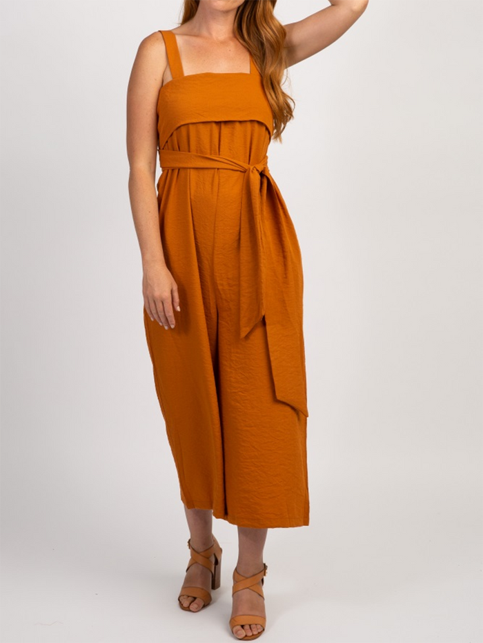 Camel Solid Color Self Tie Sleeveless Maternity Jumpsuit