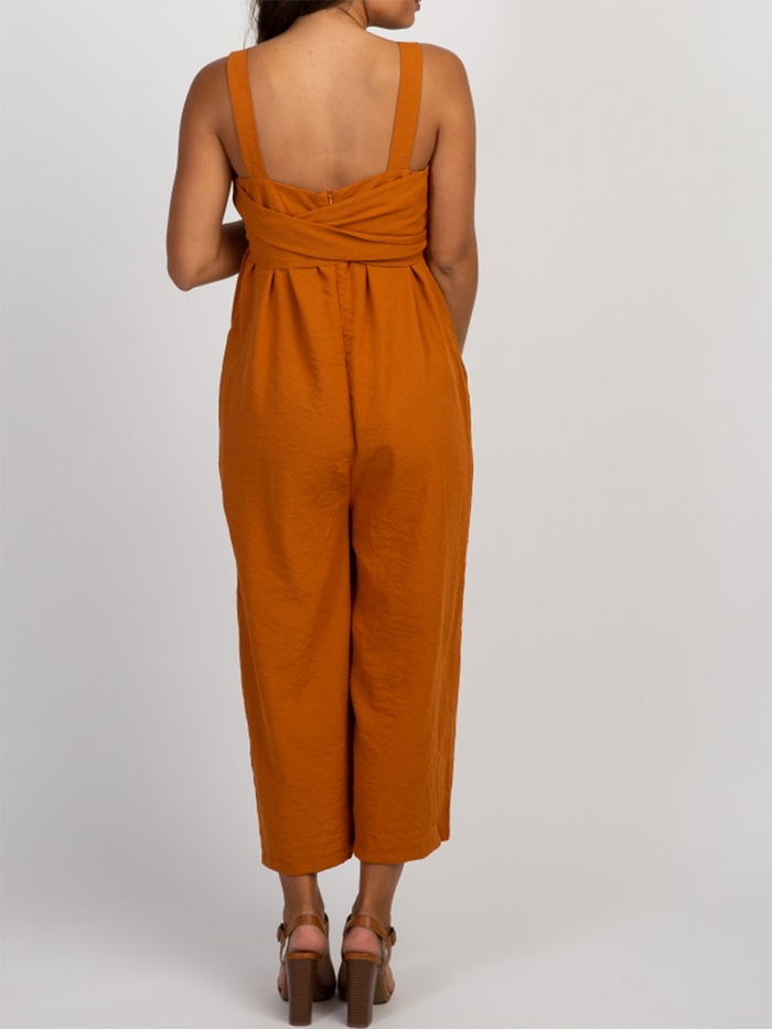Camel Solid Color Self Tie Sleeveless Maternity Jumpsuit