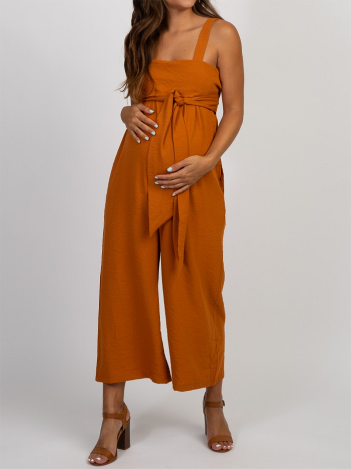 Camel Solid Color Self Tie Sleeveless Maternity Jumpsuit