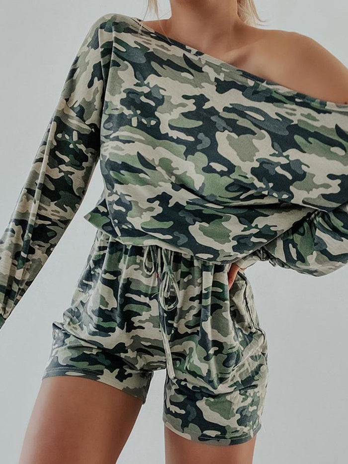 Camouflage Print One Shoulder Romper