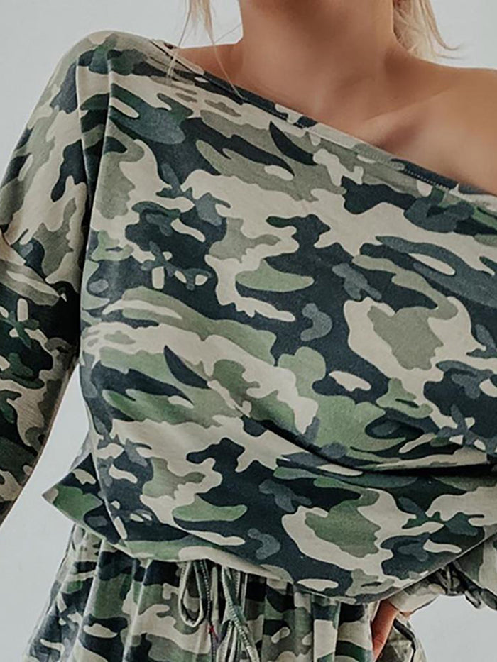 Camouflage Print One Shoulder Romper