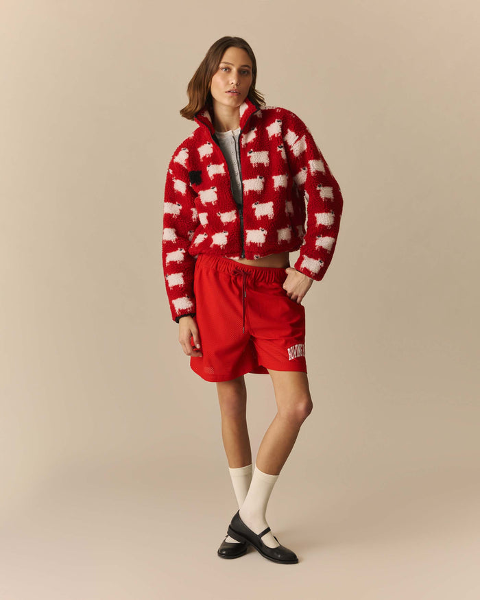 Caroline Cropped Sheep Sherpa Red Red / XL
