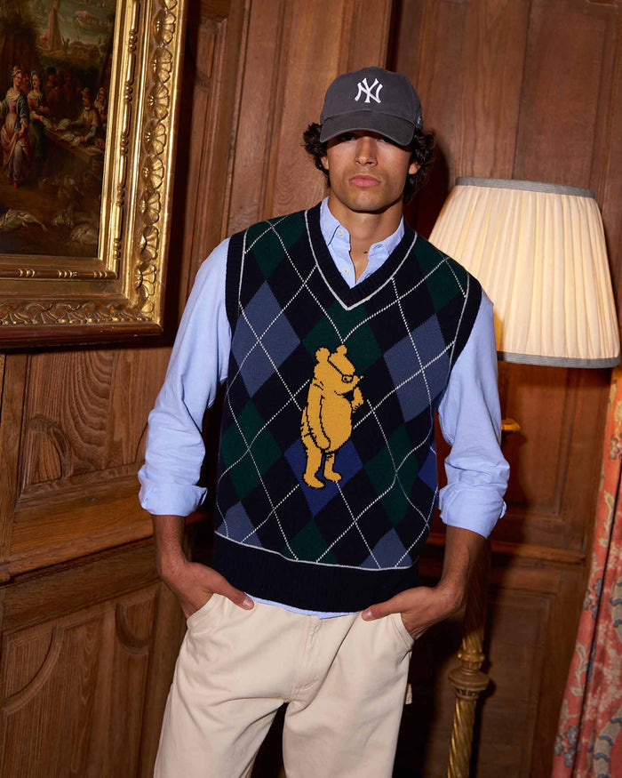 Cashmere Argyle Pooh Sweater Vest Navy Argyle