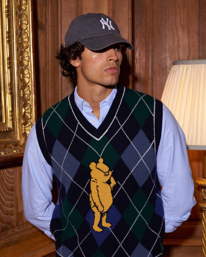 Cashmere Argyle Pooh Sweater Vest Navy Argyle
