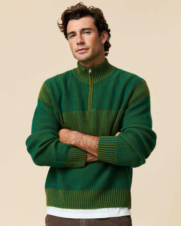 Cashmere Quarter Zip Ottoman Rib Sweater Green