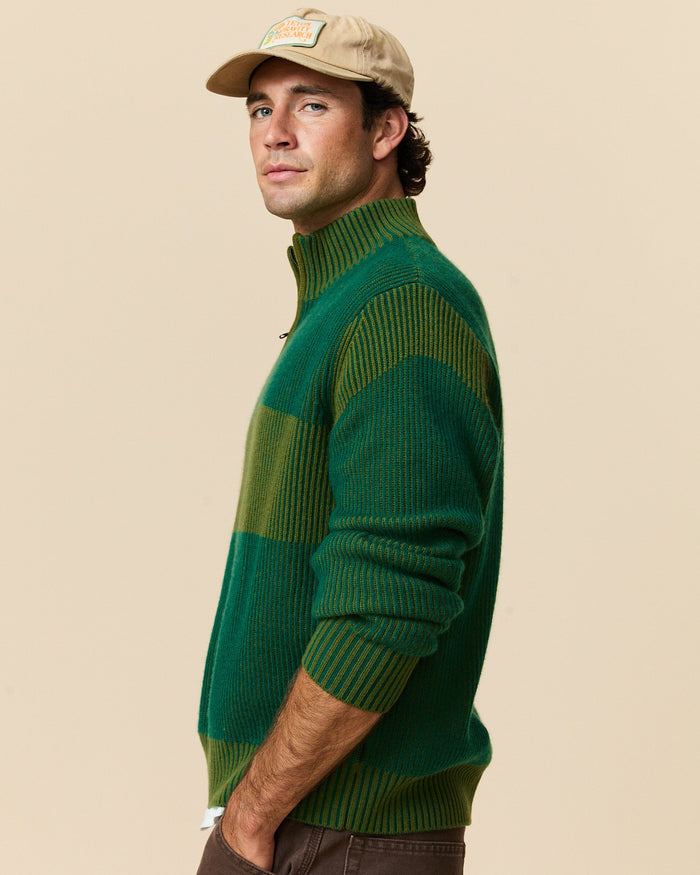 Cashmere Quarter Zip Ottoman Rib Sweater Green