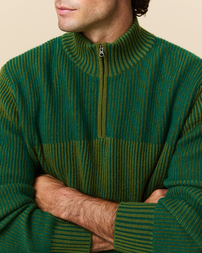 Cashmere Quarter Zip Ottoman Rib Sweater Green