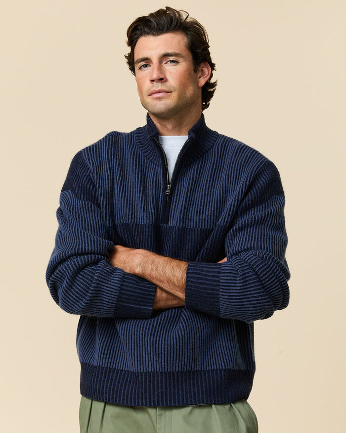 Cashmere Quarter Zip Ottoman Rib Sweater Navy