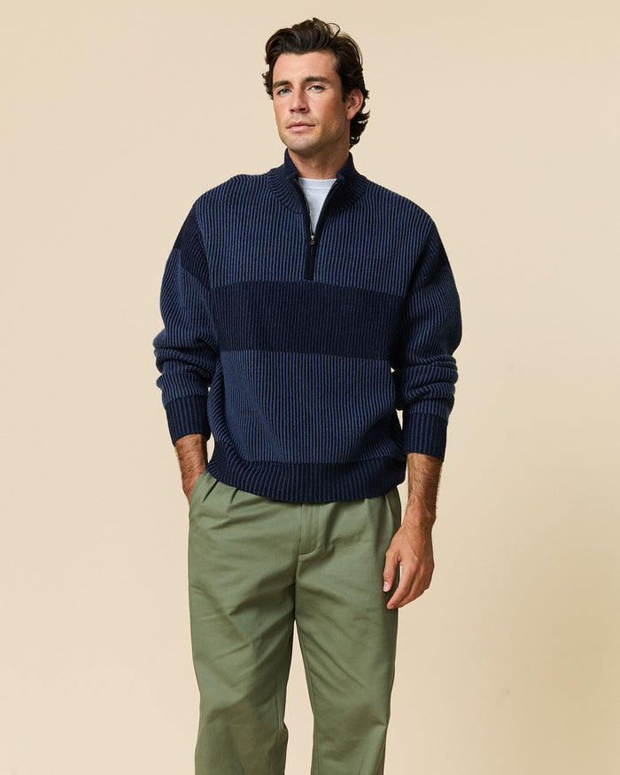 Cashmere Quarter Zip Ottoman Rib Sweater Navy