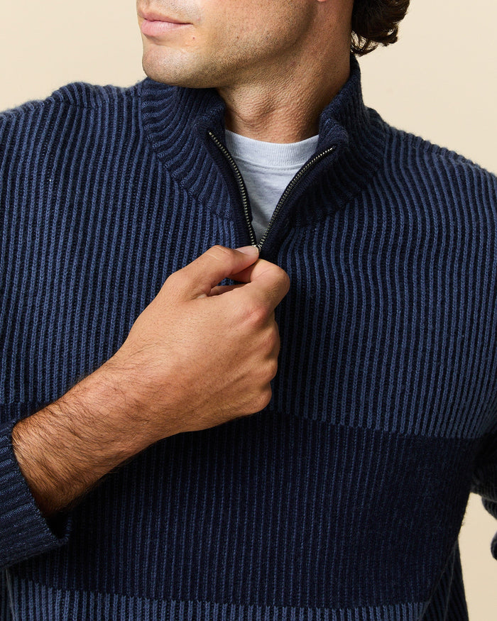 Cashmere Quarter Zip Ottoman Rib Sweater Navy