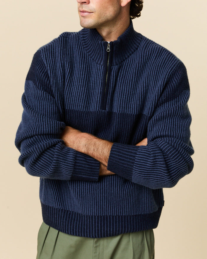 Cashmere Quarter Zip Ottoman Rib Sweater Navy