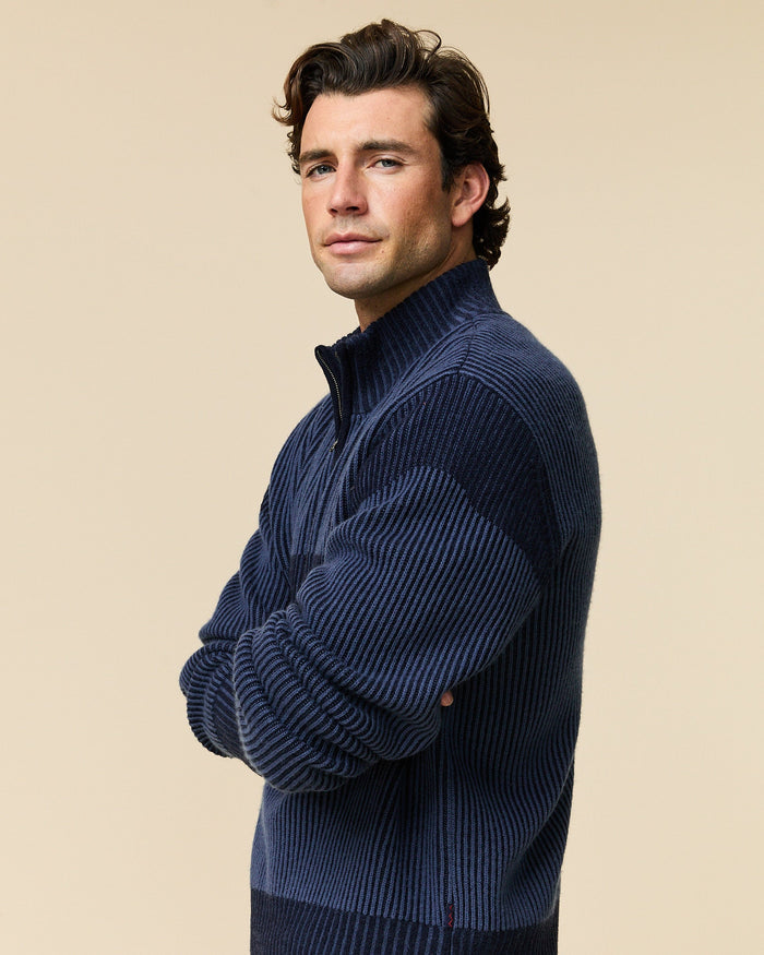Cashmere Quarter Zip Ottoman Rib Sweater Navy