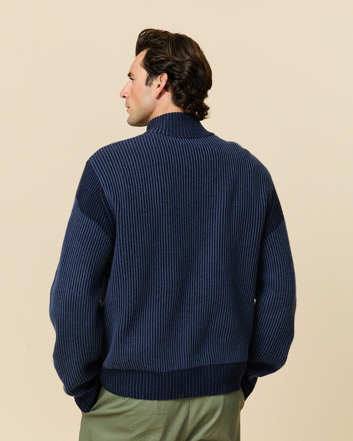 Cashmere Quarter Zip Ottoman Rib Sweater Navy