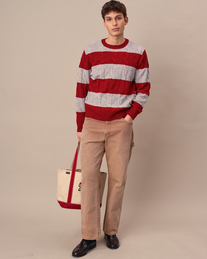 Cashmere Rugby Cable Knit Sweater Red/Grey Heather Stripe