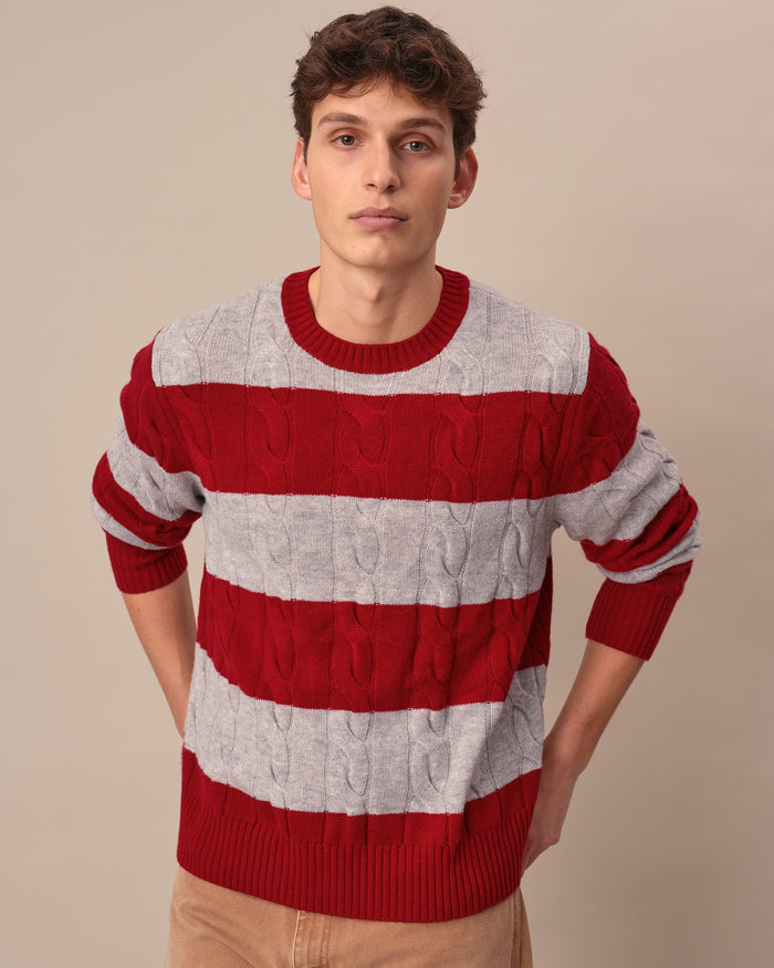 Cashmere Rugby Cable Knit Sweater Red/Grey Heather Stripe