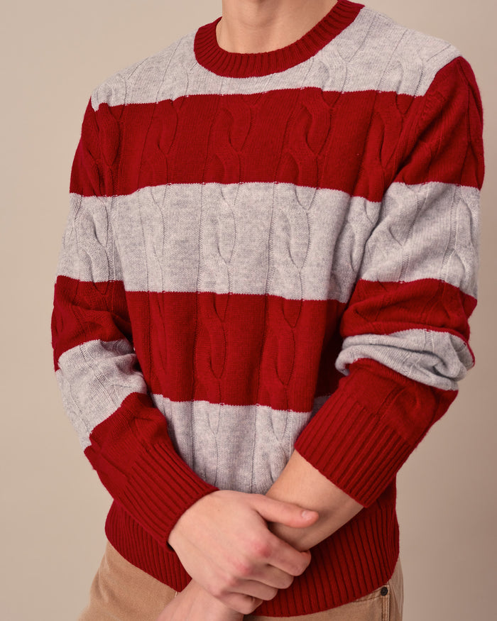 Cashmere Rugby Cable Knit Sweater Red/Grey Heather Stripe