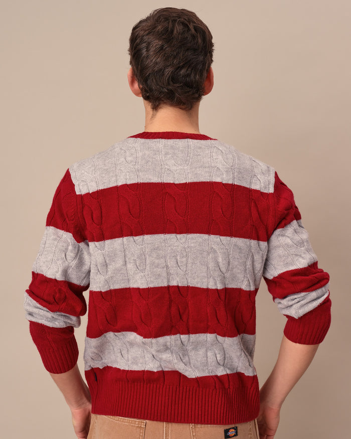 Cashmere Rugby Cable Knit Sweater Red/Grey Heather Stripe