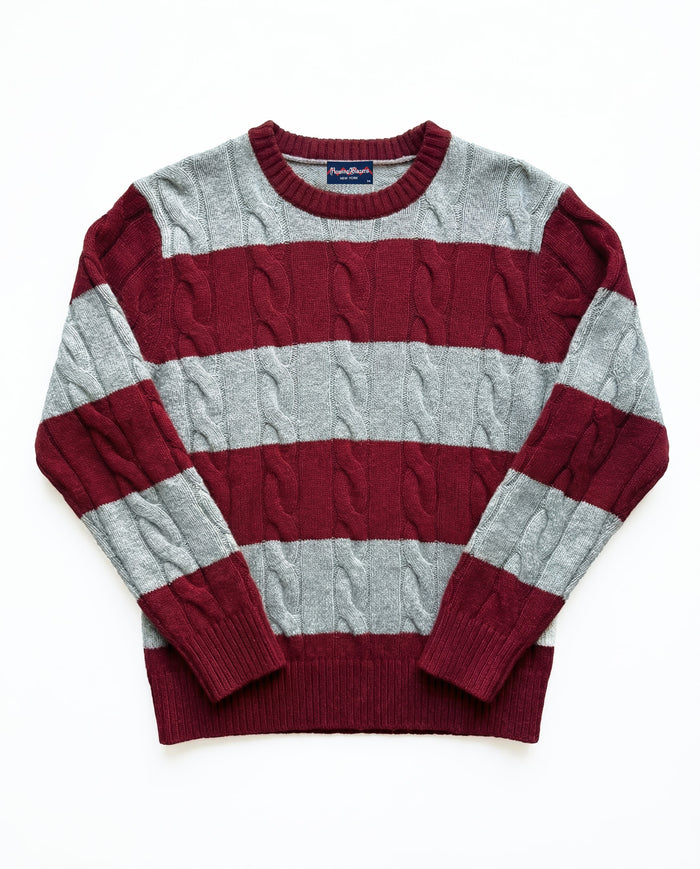 Cashmere Rugby Cable Knit Sweater Red/Grey Heather Stripe