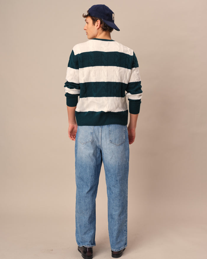 Cashmere Rugby Stripe Cable Knit Sweater Green/Cream Stripe