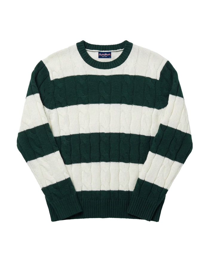Cashmere Rugby Stripe Cable Knit Sweater Green/Cream Stripe